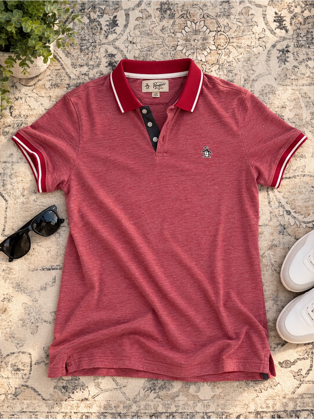 Original Penguin Heathered Red Polo with Contrast Trim